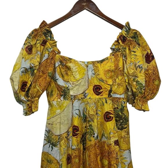 Selkie Tea Rose Dress Women’s Small Yellow Sunflower Cotton Puff Sleeve Midi - Picture 6 of 15